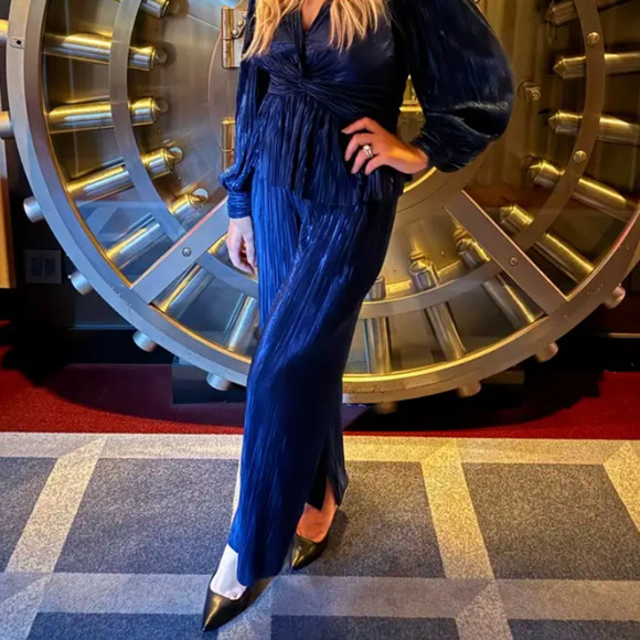 Sabina Musayev Metallic Blue Plisse Pants LARGE Split Hem Cocktail Wide Leg $230 - Picture 10 of 12